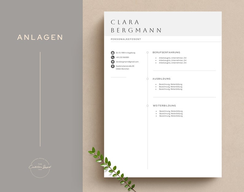Puede incluir: Una plantilla de curr&iacute;culum vitae blanca con el t&iacute;tulo "Clara Bergmann, Personalreferent" y secciones para la experiencia laboral, la educaci&oacute;n y el desarrollo profesional. El texto "ANLAGEN" est&aacute; en la parte superior de la p&aacute;gina.