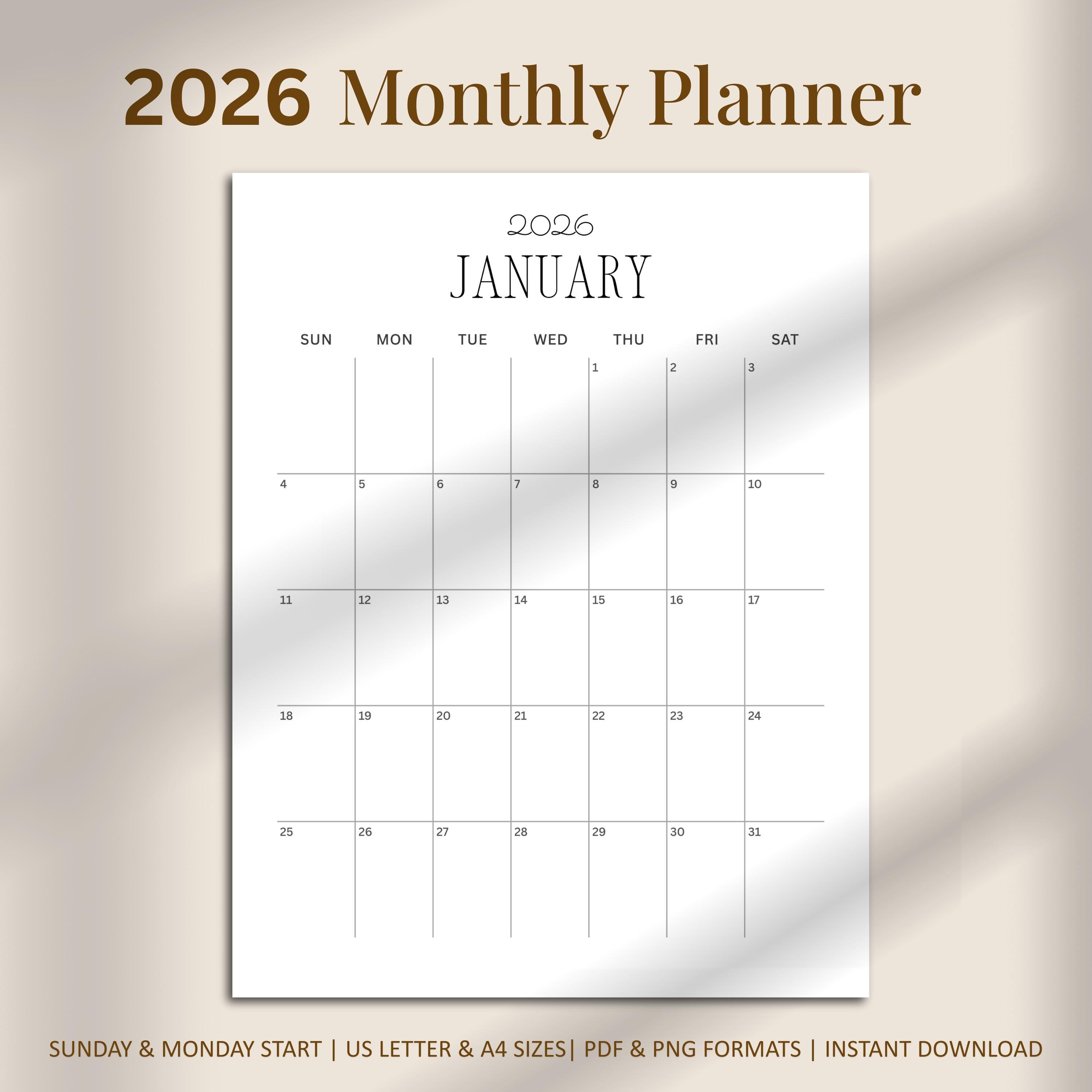 2026 Monthly Planner | 2026 Monthly Calendar | Minimalist Portrait