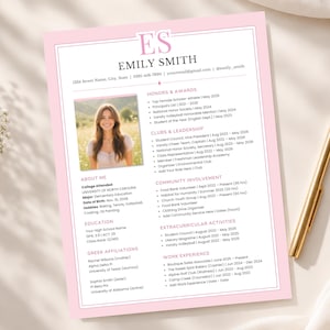 May include: A resume template featuring a light pink border and white background. The document includes a placeholder photo of a person, sections for honors, clubs, leadership, community involvement, and work experience, with the name Emily Smith.