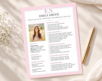 May include: A resume template featuring a light pink border and white background. The document includes a placeholder photo of a person, sections for honors, clubs, leadership, community involvement, and work experience, with the name Emily Smith.