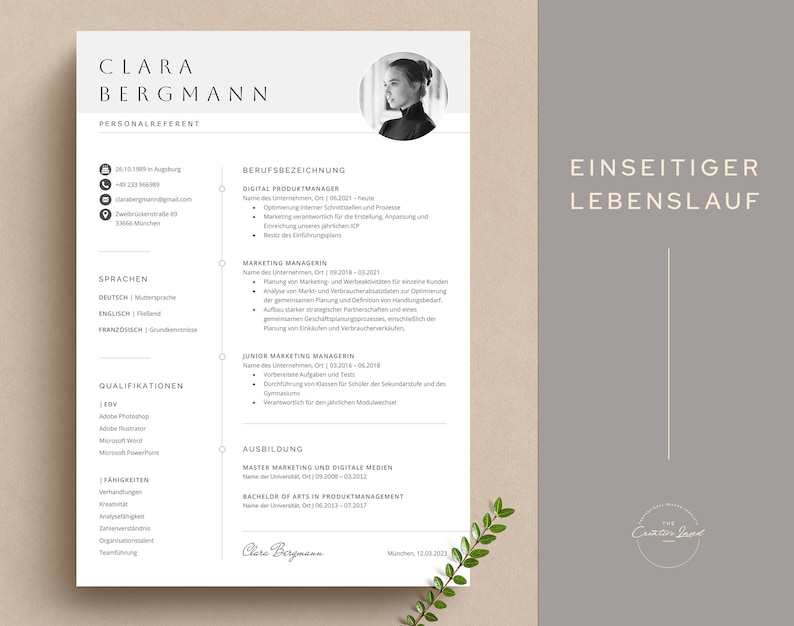 Puede incluir: Un curr&iacute;culum vitae en blanco y negro con el nombre Clara Bergmann en la parte superior. El curr&iacute;culum vitae enumera su experiencia profesional, educaci&oacute;n y habilidades. El curr&iacute;culum vitae est&aacute; formateado con un dise&ntilde;o simple y limpio.