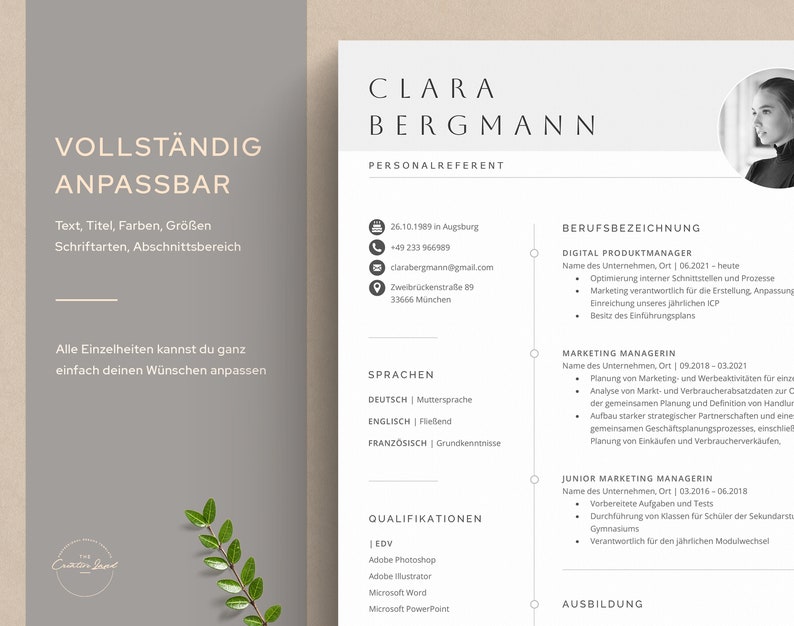 Puede incluir: Una plantilla de curr&iacute;culum con un fondo gris claro y un color de acento azul claro. La plantilla incluye secciones para informaci&oacute;n personal, experiencia laboral, educaci&oacute;n y habilidades. El texto "VOLLST&Auml;NDIG ANPASSBAR" est&aacute; en la parte superior de la p&aacute;gina, lo que se traduce como "completamente personalizable" en espa&ntilde;ol.