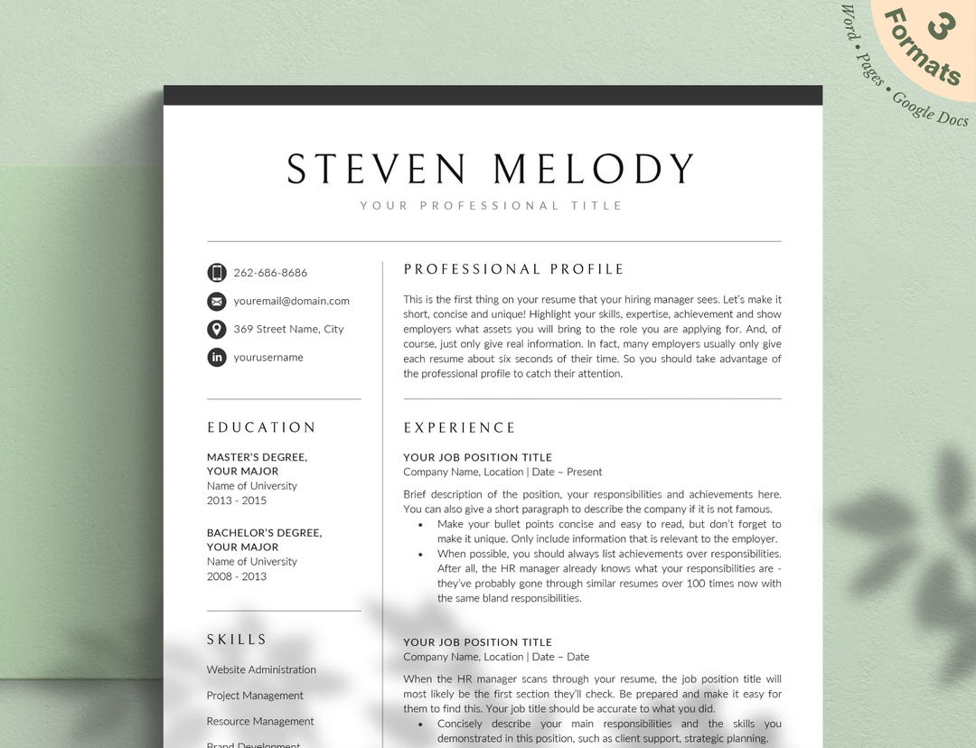 Modern Resume Template for Word, Pages, Google Docs - Etsy