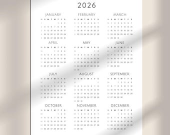 2026 Minimalist Portrait Calendar | Printable Year At A Glance (PDF, PNG Download)
