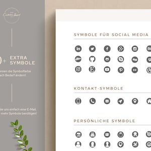 Puede incluir: Una hoja de papel con fondo gris y texto negro. El texto dice "50+ EXTRA SYMBOLE" y "SYMBOLE F&Uuml;R SOCIAL MEDIA". La hoja incluye una variedad de iconos para redes sociales, contacto y uso personal.