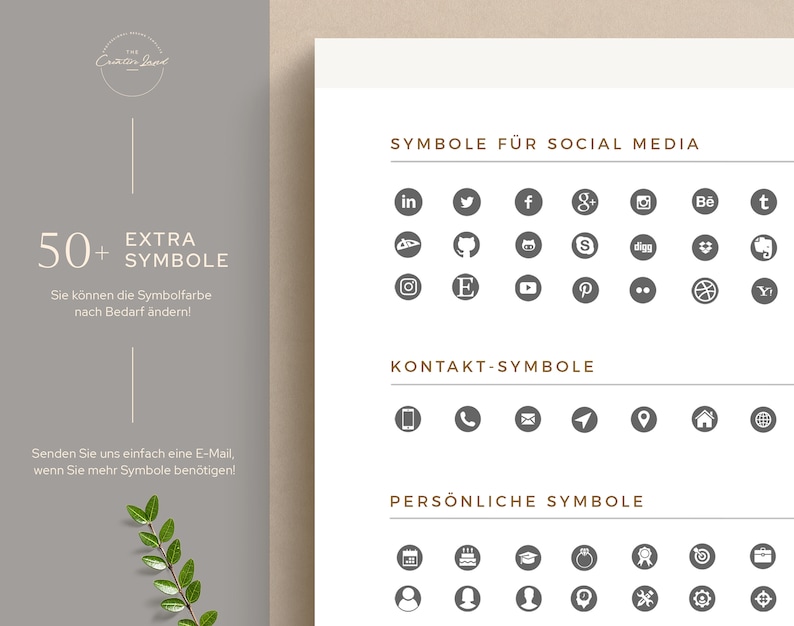 Puede incluir: Una hoja de papel con fondo gris y texto negro. El texto dice "50+ EXTRA SYMBOLE" y "SYMBOLE F&Uuml;R SOCIAL MEDIA". La hoja incluye una variedad de iconos para redes sociales, contacto y uso personal.