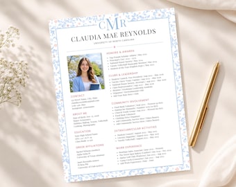 May include: A resume template featuring a light blue floral border, a monogram with the letters CMR, and the name Claudia Mae Reynolds. The document includes sections for contact, education, honors, clubs, community involvement, and work experience.