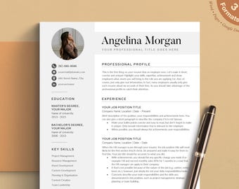 Può includere: Un modello di curriculum professionale con un layout bianco pulito con testo nero, un segnaposto circolare per una foto e sezioni per profilo, istruzione, competenze ed esperienza, accompagnato da una penna a sfera nera e oro.