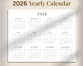2026 Yearly Calendar | A5, A4, A3, A2, A1, US Letter, Tabloid | Monday & Sunday Start | 2026 Calendar with Week Numbers | Instant Download