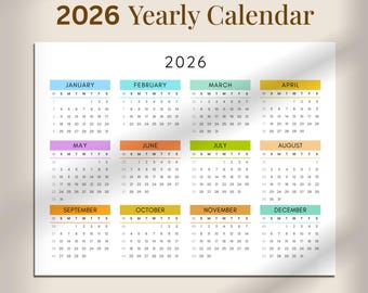 2026 Colorful Yearly Planner | A5, A4, A3, A2, US Letter, Tabloid | Monday & Sunday Start | 2026 Landscape Calendar with Week Numbers