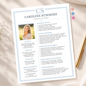 Minimalist Sorority Resume and Cover Letter, Sorority Rush Resume Template in Canva, Elegant Pink Blue Resume with Photo, 2026 PNM Resume