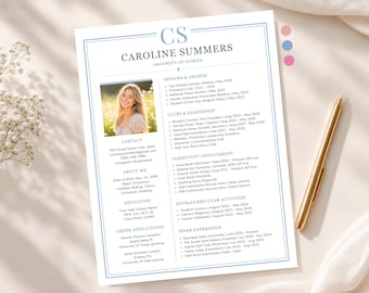 Minimalist Sorority Resume and Cover Letter, Sorority Rush Resume Template in Canva, Elegant Pink Blue Resume with Photo, 2026 PNM Resume