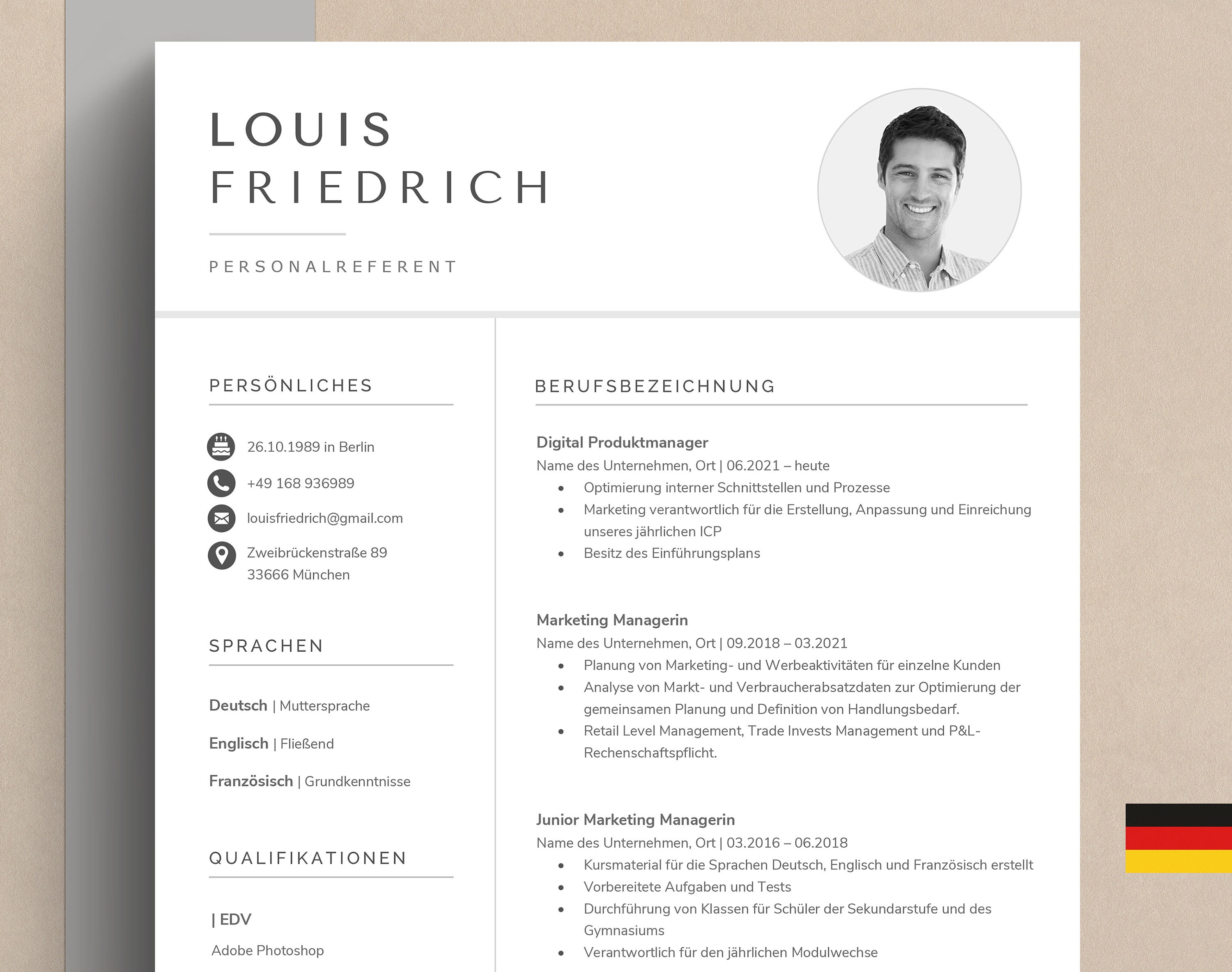 German Resume Template for Word & Apple Pages (DIN A4) - Etsy