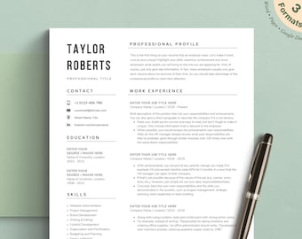Può includere: Un modello di curriculum professionale stampato su carta bianca con testo nero, che include sezioni per contatti, profilo, esperienza lavorativa, istruzione e competenze. Una penna nera e argento è appoggiata sul lato destro del documento.