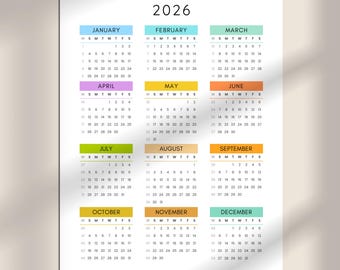 2026 Colorful Portrait Calendar | A5, A4, A3, A2, US Letter, Tabloid | Monday & Sunday Start | 2026 Yearly Calendar with Week Numbers