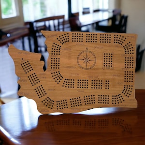 Tablero de cribbage personalizado del estado de Washington - Regalo personalizado para jugadores de cribbage - Diseño grabado con láser - Tablero de cribbage del contorno de Washington