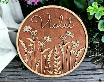 Personalized Sign Wildflowers Custom Name Sign Wood Wall Hanging Baby Shower Gift