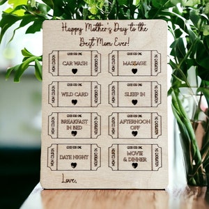 Carte unique de coupons pour la fête des Mères découpée au laser - Cadeau attentionné pour maman - Cadeau spécial pour maman - Une façon de gâter maman - Amour et appréciation