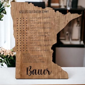 Ensemble personnalisé de jeu de rami frustration du Minnesota, planche en bois de cerisier fabriquée à la main, cadeau de pendaison de crémaillère, cadeau personnalisé unique, cadeau personnalisé