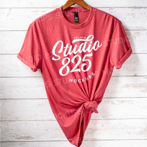 May include: Red t-shirt with a white graphic that says "Studio 825 Est. 2019" hanging on a wooden hanger against a white wood background.