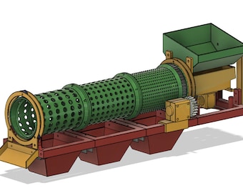 Könnte beinhalten: 3D-Rendering einer grün-goldenen Industriemaschine mit einer perforierten zylindrischen Trommel. Die Maschine hat eine rote Basis mit drei Fächern, einen grünen Trichter und ein goldfarbenes Motorgehäuse. Das Design deutet auf eine Verarbeitungs- oder Sortierfunktion hin.