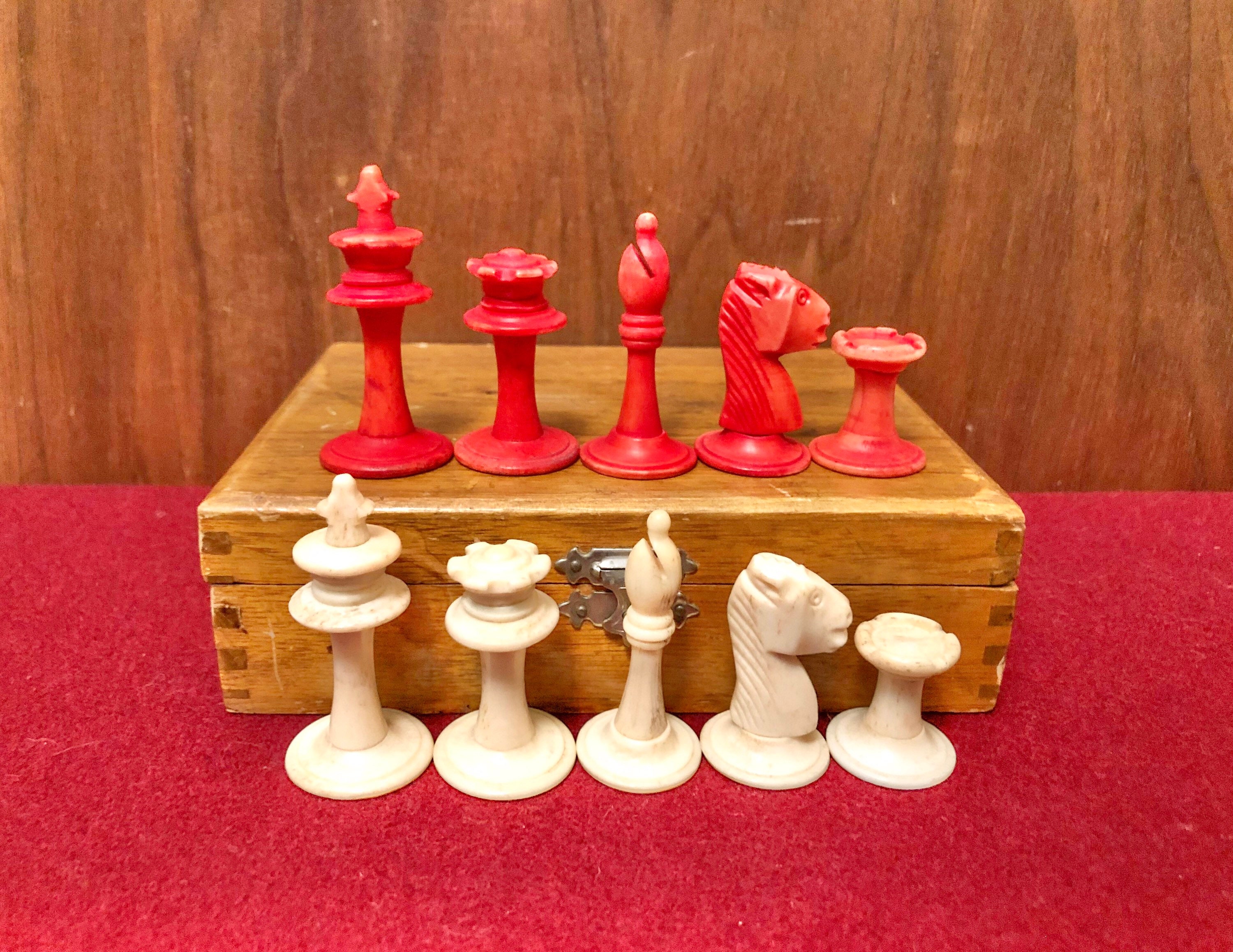 4.1 New English Hand Carved Camel Bone Chess Pieces Set-Crimson