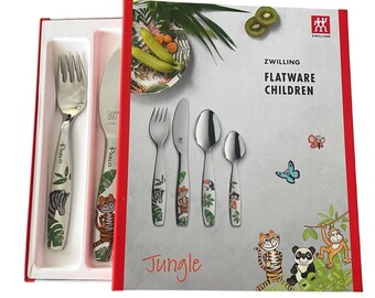 Posate per bambini personalizzate in acciaio inossidabile 18/10 | Inciso con nome e data | Regalo per battesimo, compleanno | (Giungla)