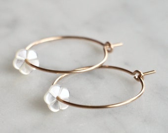 Dainty Gold Filled Hoop Earrings, Tiny White Mother of Pearl Flower Hoop Earrings, Small Gold Filled Flower Hoop Earrings