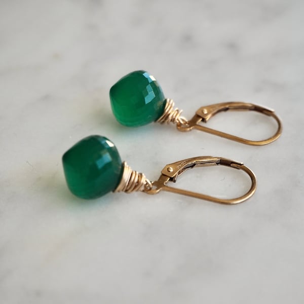 14 K Gold Filled Green Onyx Gemstone Teardrop Earrings, Dainty Emerald Green Teardrop Dangle Earrings