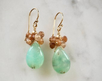 Boho 14 K Gold Filled Green Chrysoprase and Copper Rutile Gemstone Cluster Earrings