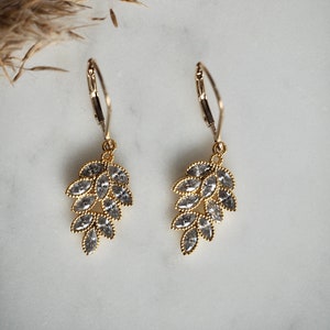 Shiny Gold Silver CZ Leaf Charm Earrings, Dainty Crystal Earrings, Sparkling Cubic Zirconia Drop Earrings image 1