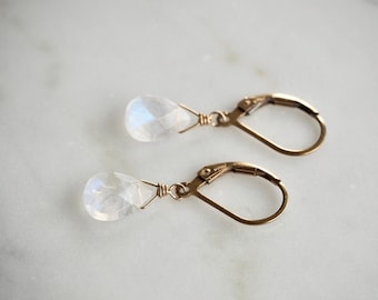 Rainbow Moonstone Gold Filled Earrings: Dainty Teardrop Gemstone, June Birthstone