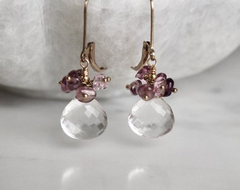 14 K Gold Filled Quartz and Multicolor Spinel Gemstone Cluster Earrings, Dainty Crystal Drop Earrings, Boho Earrings, Purple Earrings