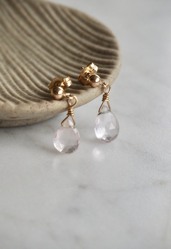 Teardrop Rose Quartz Stud Earrings: Dainty 14k Gold Filled