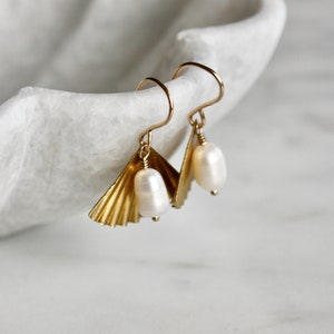 Pearl Earrings, Dainty Gold Filled Fan Earrings, Pearl Drop Earrings, Art Deco Earrings, Wedding Earrings image 2