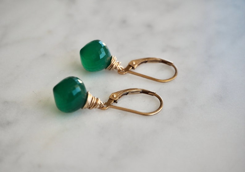 14 K Gold Filled Green Onyx Gemstone Teardrop Earrings, Dainty Emerald Green Teardrop Dangle Earrings image 1