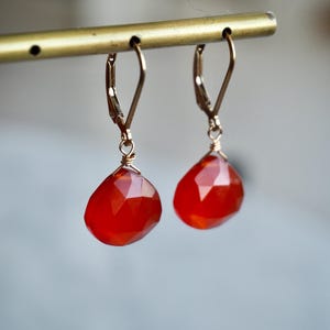Dainty Gold Filled Carnelian Drop Earrings, Minimalist Gemstone Earrings, Natural Orange Carnelian Teardrop   Earrings, Gift for Women