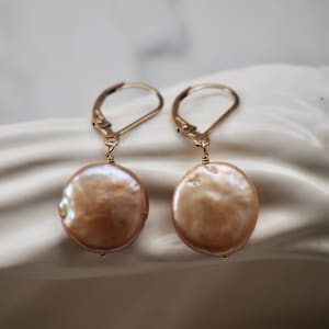 Coin Pearl Earrings, Peach Coin Pearl Earrings, 14K Gold Filled Pearl Earrings
