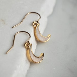 Dainty Minimalist 14 K Gold Filled Crescent Enamel Moon Charm Earrings image 4