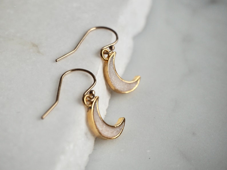 Dainty Minimalist 14 K Gold Filled Crescent Enamel Moon Charm Earrings image 4