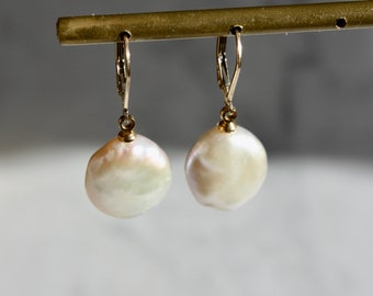 Coin Pearl Earrings, White Coin Pearl Earrings, 14K Gold Filled Pearl Earrings, Wedding Earrings, Bridal Jewelry, June Birthstone