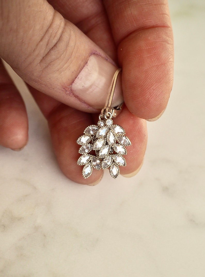Shiny Gold Silver CZ Leaf Charm Earrings, Dainty Crystal Earrings, Sparkling Cubic Zirconia Drop Earrings image 2