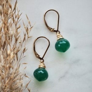 14 K Gold Filled Green Onyx Gemstone Teardrop Earrings, Dainty Emerald Green Teardrop Dangle Earrings image 2