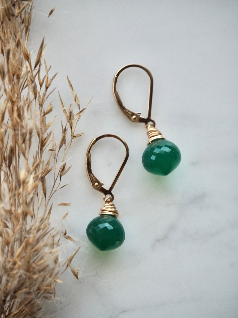 14 K Gold Filled Green Onyx Gemstone Teardrop Earrings, Dainty Emerald Green Teardrop Dangle Earrings image 2