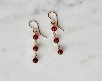 Minimalist Gemstone Earrings, Dainty Gold Dangle Earrings, Garnet Earrings, Gold Filled Earrings, Gemstone Drop Earrings, January Birthstone