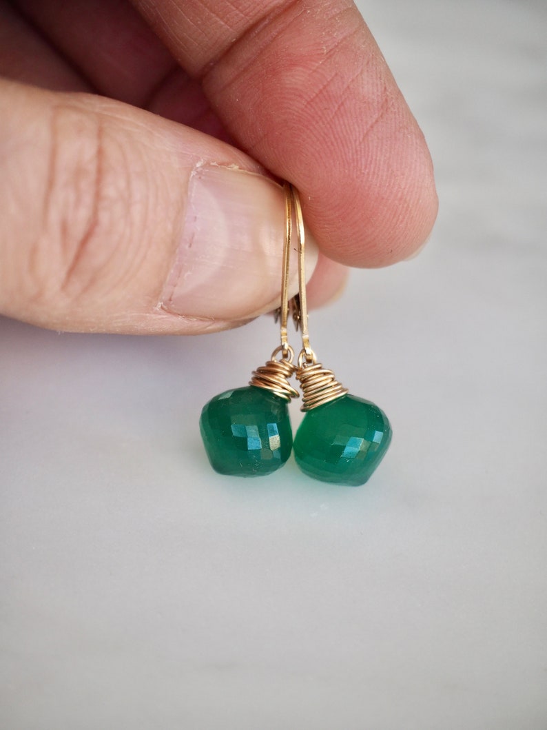 14 K Gold Filled Green Onyx Gemstone Teardrop Earrings, Dainty Emerald Green Teardrop Dangle Earrings image 8