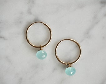 Small Gold Filled Gemstone Hoop Earrings, Aqua Chalcedony Hoop Earrings, Boho Earrings Gift for Woman