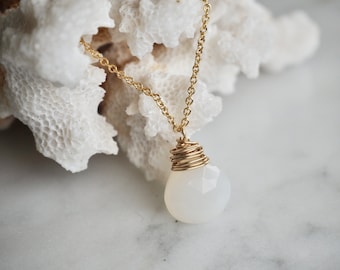 Dainty White Chalcedony Gemstone Teardrop 14 K Gold Filled Necklace