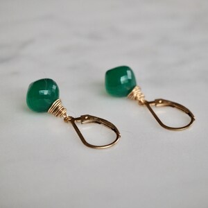 14 K Gold Filled Green Onyx Gemstone Teardrop Earrings, Dainty Emerald Green Teardrop Dangle Earrings image 4