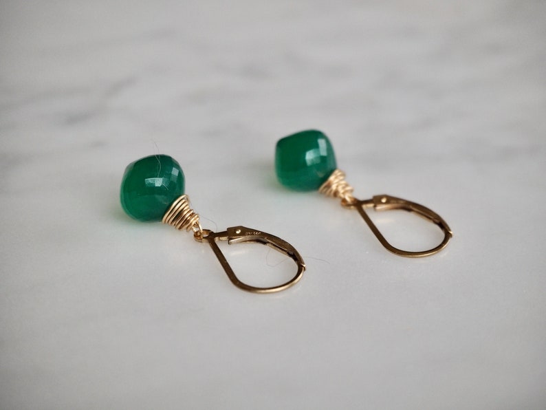 14 K Gold Filled Green Onyx Gemstone Teardrop Earrings, Dainty Emerald Green Teardrop Dangle Earrings image 4